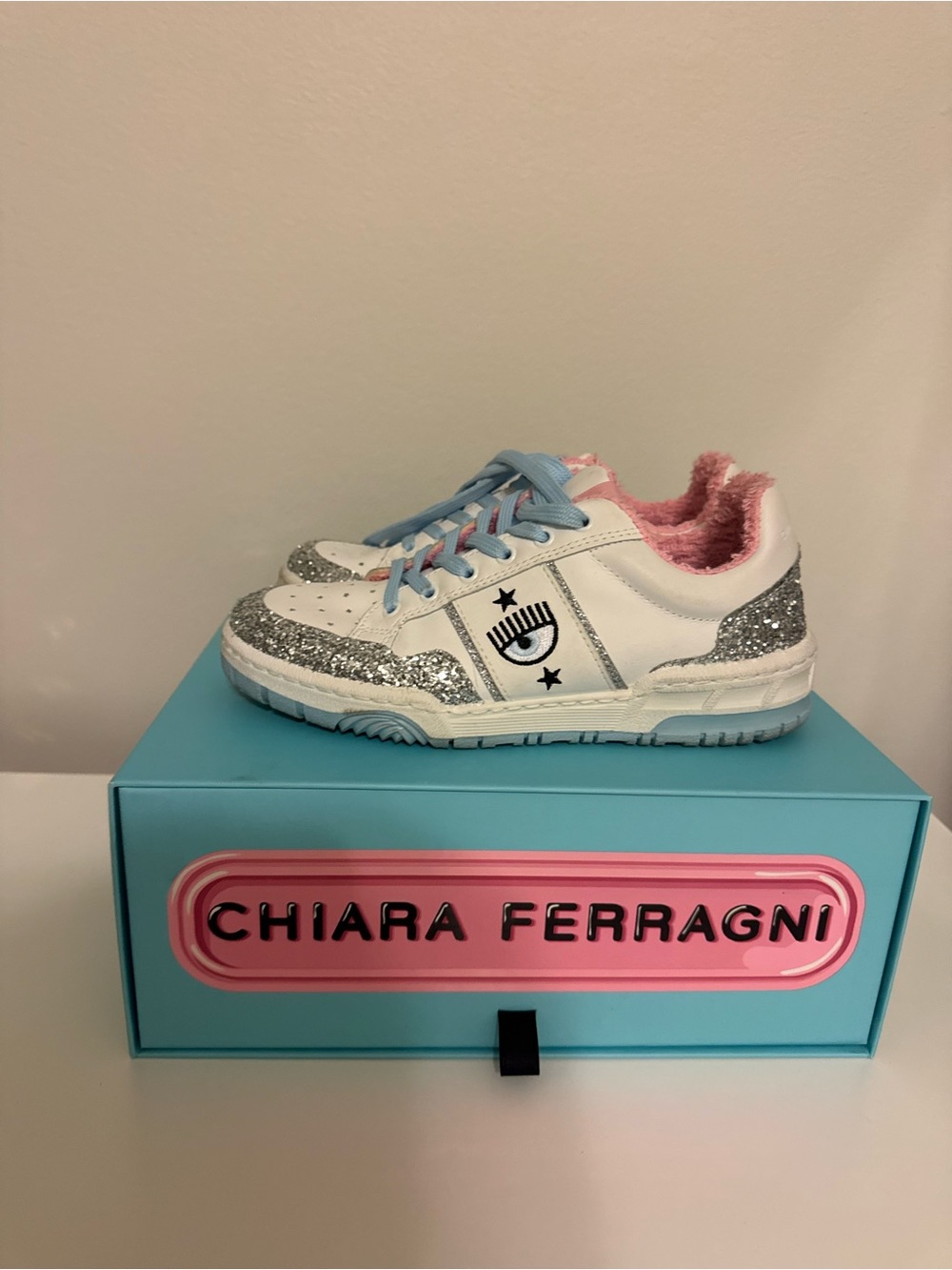 Chiara Ferragni CF1 White & Silver Glitter Sneakers — EU 38